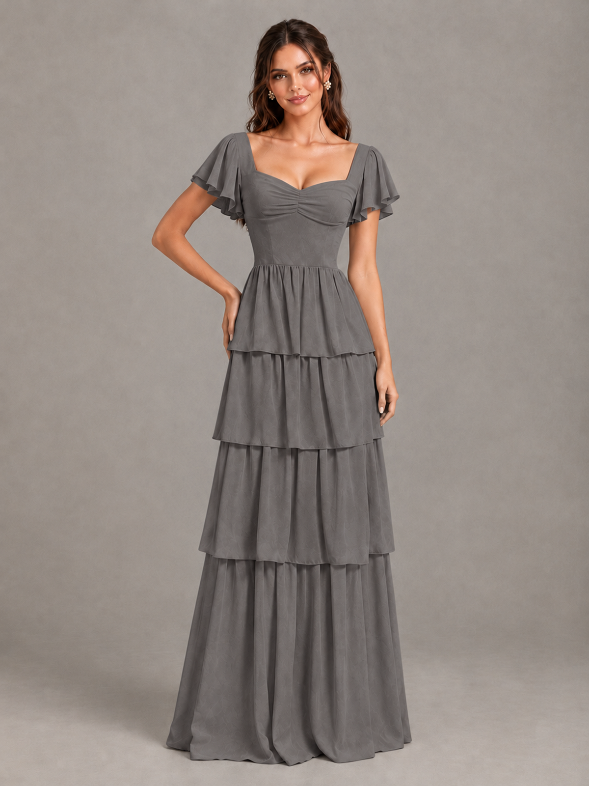BOLODOO Grey Flutter Sleeve Tiered Maxi Bridesmaid Dress - Grey - Grey_4
