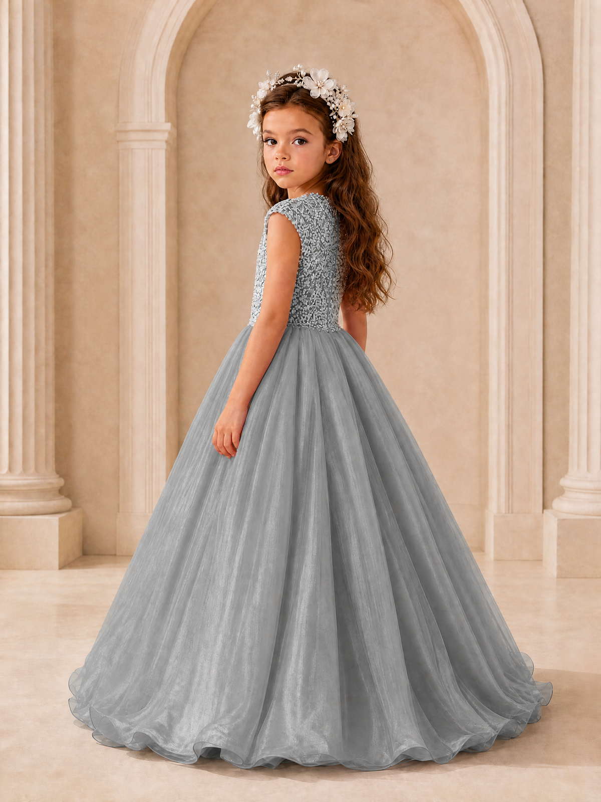 BOLODOO Grey Sequin Tulle Flower Girl Dress with Cap Sleeves - Grey - Grey_4