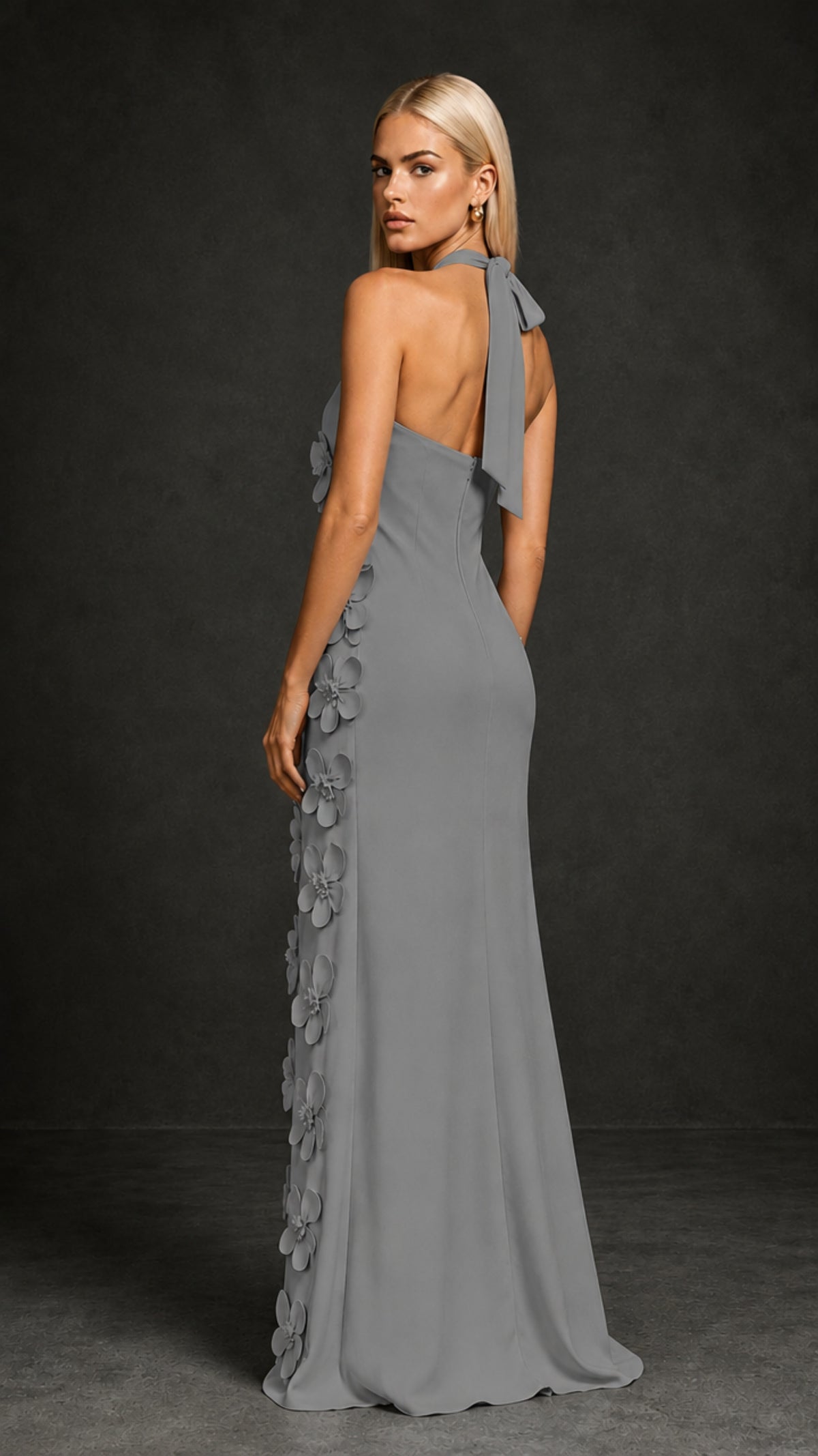 BOLODOO Grey Cross Halter Neck 3D Floral Appliqué Backless Mermaid Maxi Gown - Grey