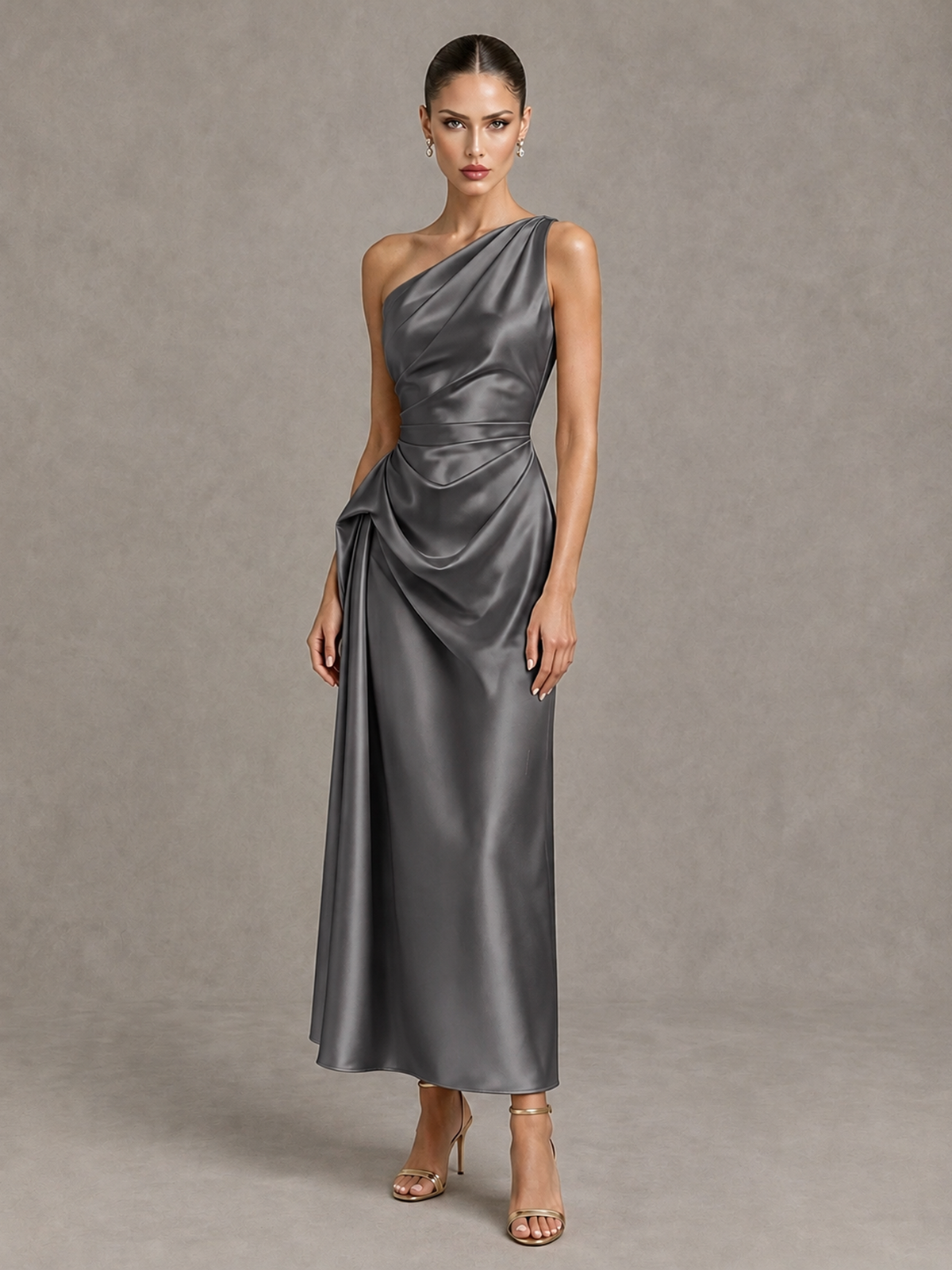 BOLODOO Grey One Shoulder Satin Cocktail Dress with Draped A-Line Skirt - Grey - Grey_4