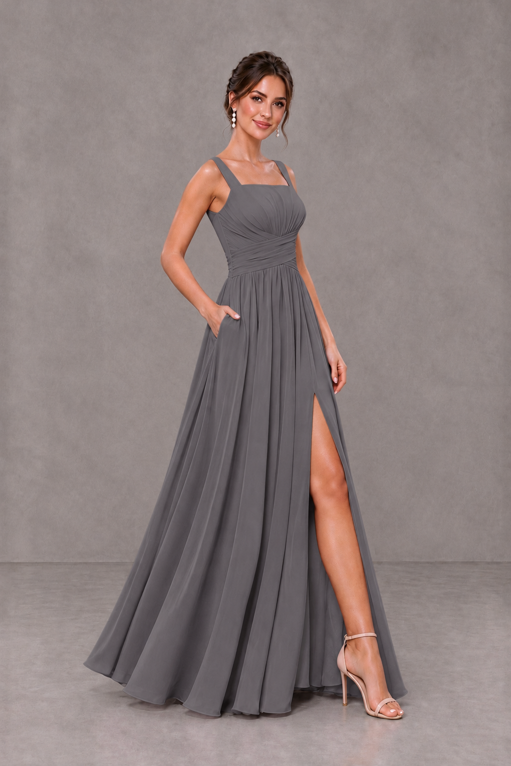 BOLODOO Grey Square Neck A-Line Bridesmaid Dress with Slit - Grey - Grey_4