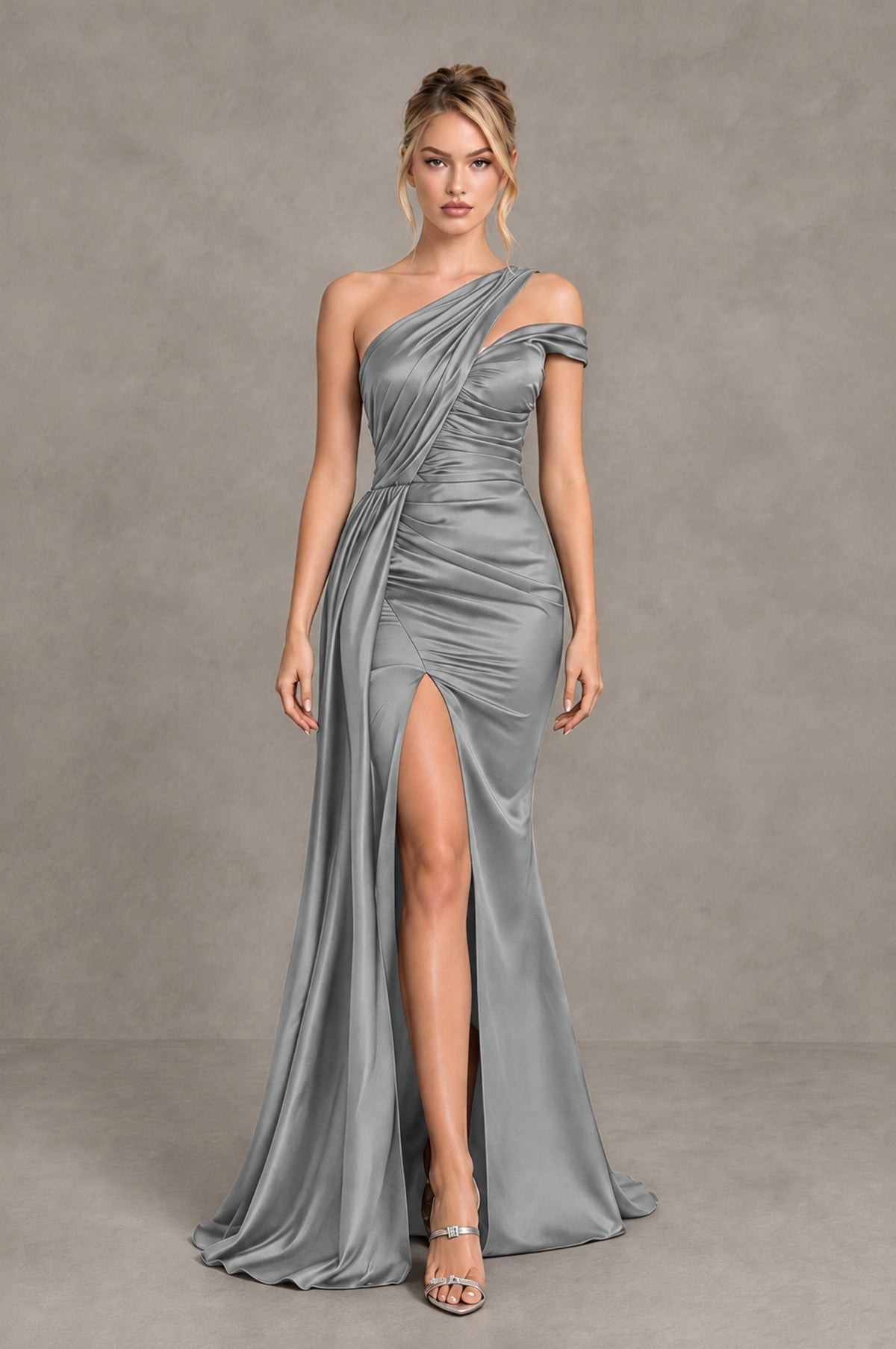 BOLODOO Grey Asymmetric Ruched Formal Evening Dress - Grey - Grey_4