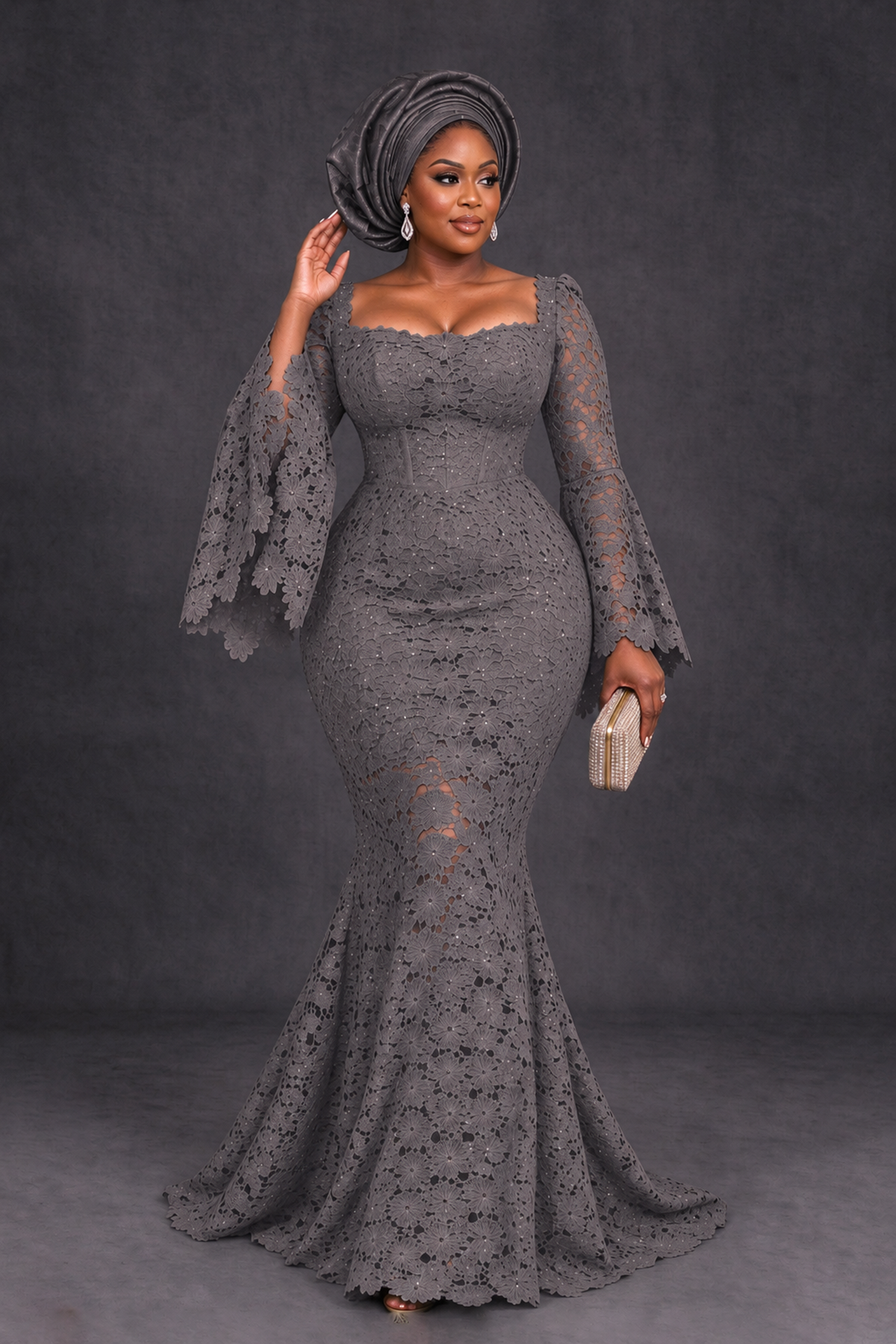 BOLODOO Grey African Lace Mermaid Dress, Plus Size Nigerian Wedding Guest Gown with Bell Sleeves - Grey - Grey_4
