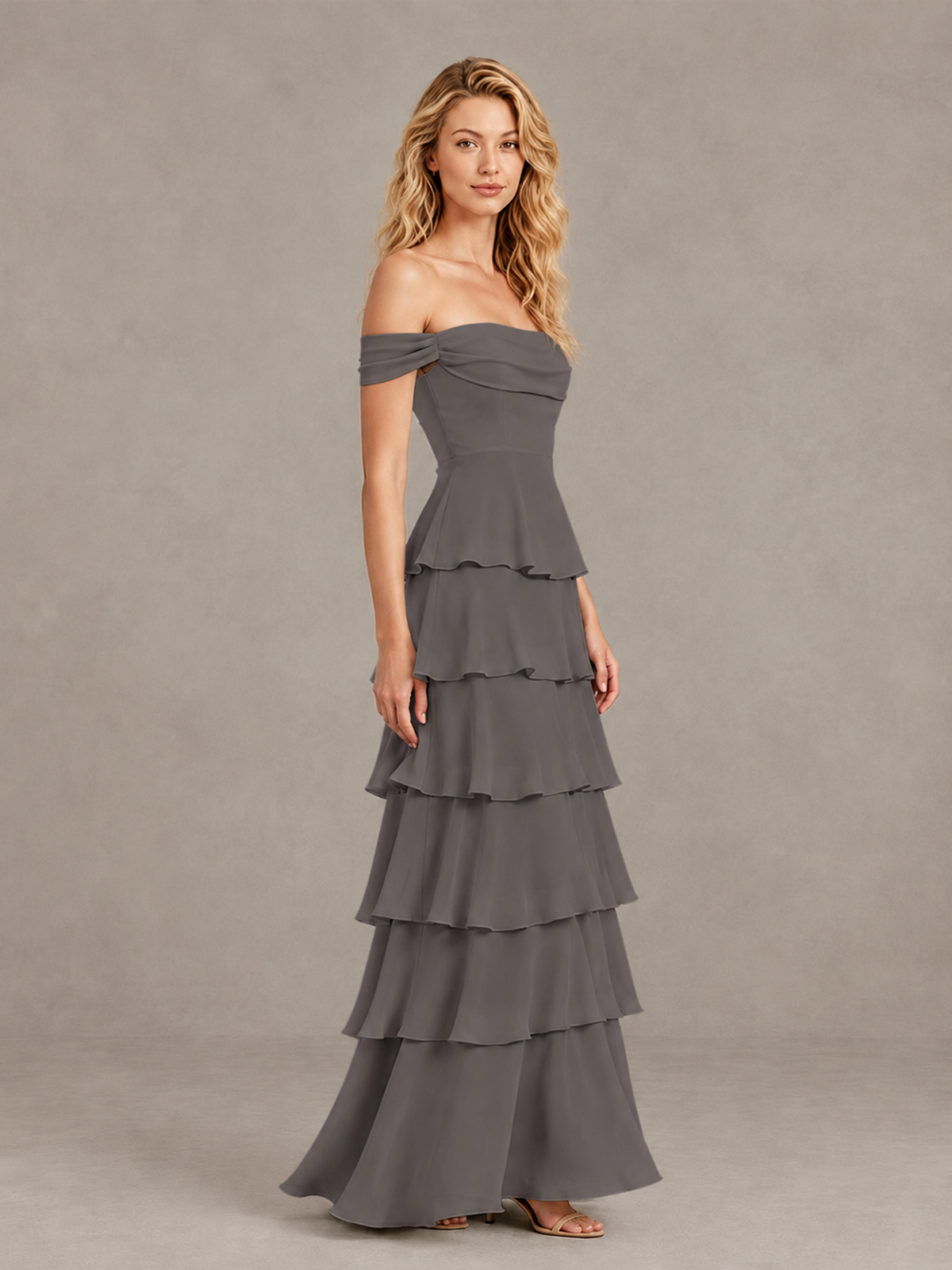 BOLODOO Grey Off-Shoulder Tiered Ruffle Bridesmaid Dress with Lace-Up Back - Grey - Grey_4