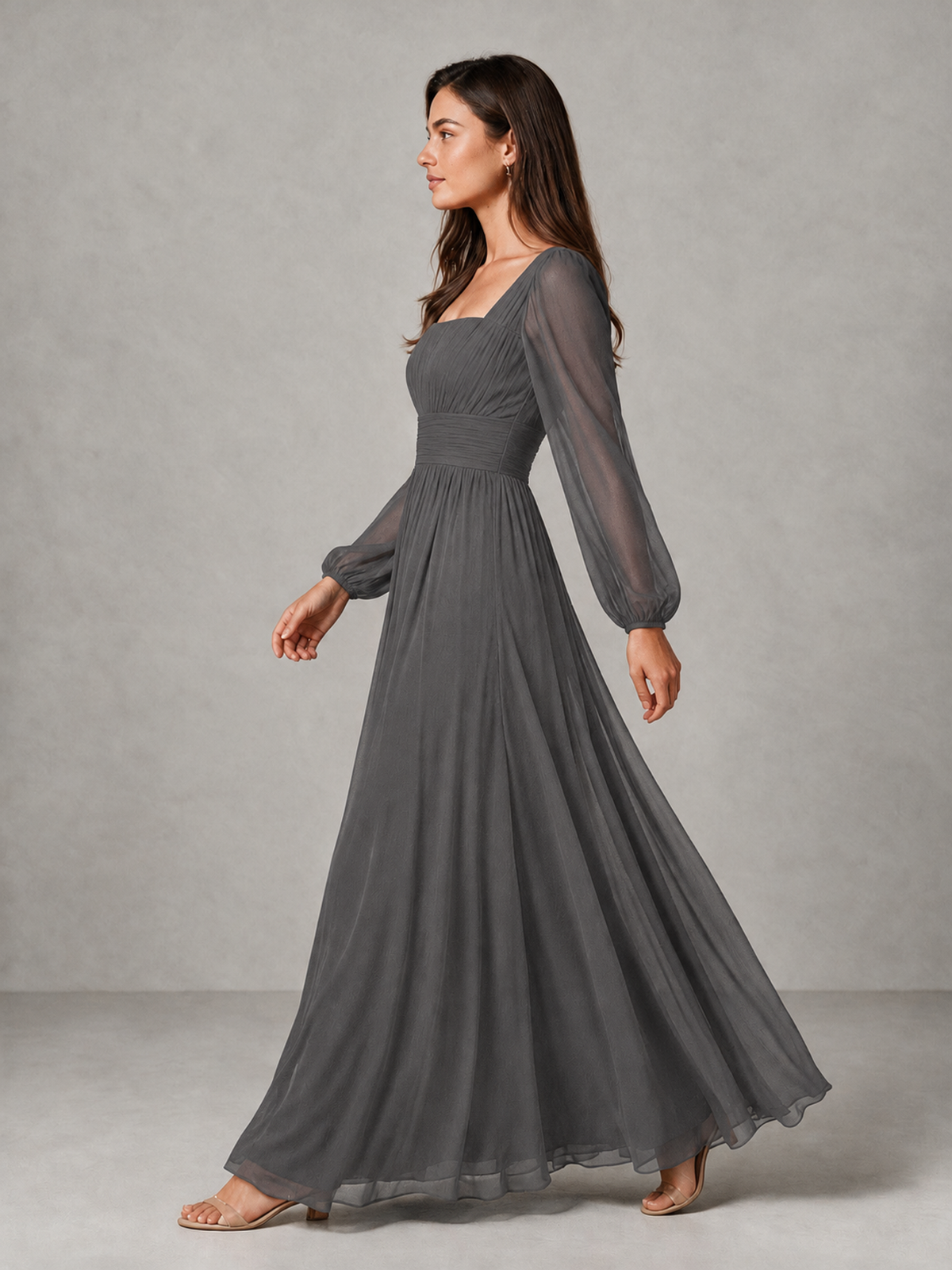 BOLODOO Grey Square Neck Long Sleeve Chiffon Bridesmaid Dress - Grey - Grey_4