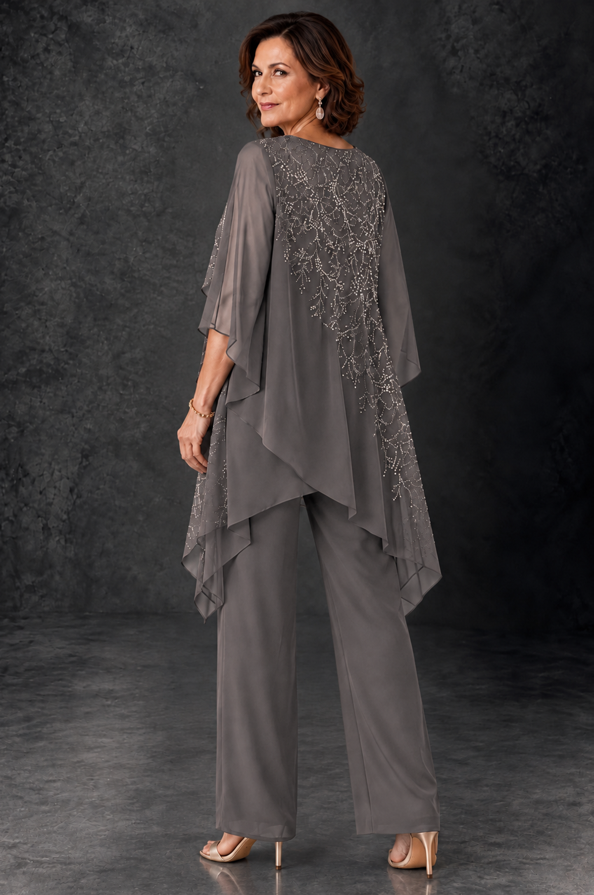 BOLODOO Grey Embellished Cape Pant Suit for Mother of the Bride - Grey - Grey_4