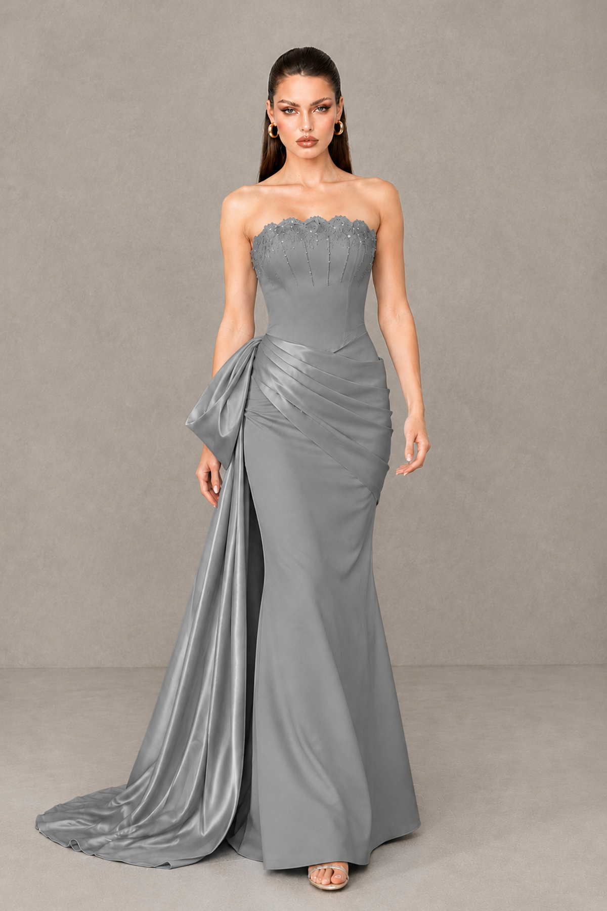 BOLODOO Grey Strapless Satin Prom Dress with Draped Side Train - Grey - Grey_4