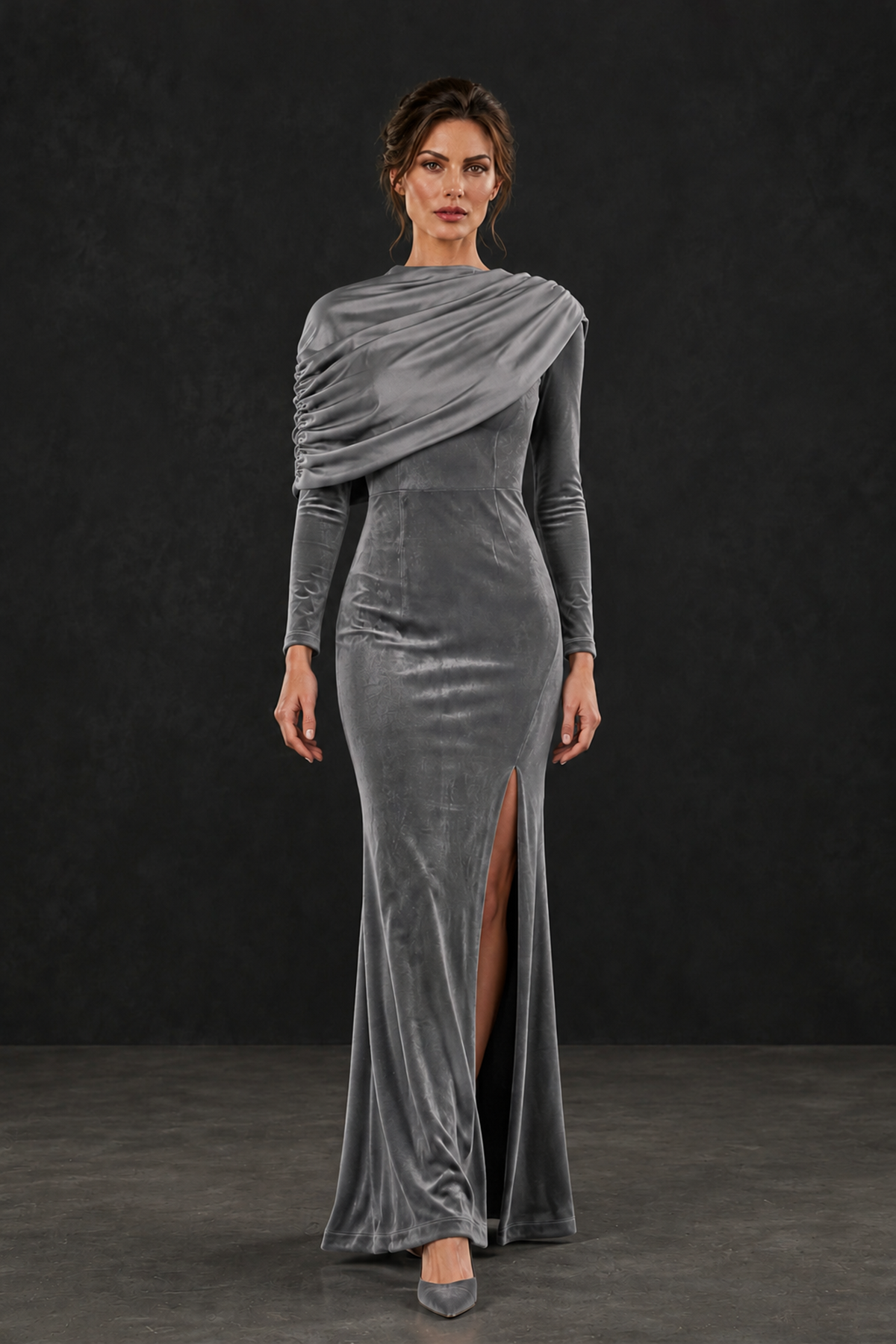 BOLODOO Grey Velvet Long Sleeve Draped Mother of the Bride Dress - Grey - Grey_4