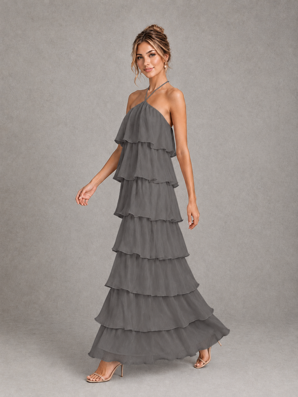 BOLODOO Grey Halter Tiered Ruffle Maxi Bridesmaid Dress - Grey - Grey_4