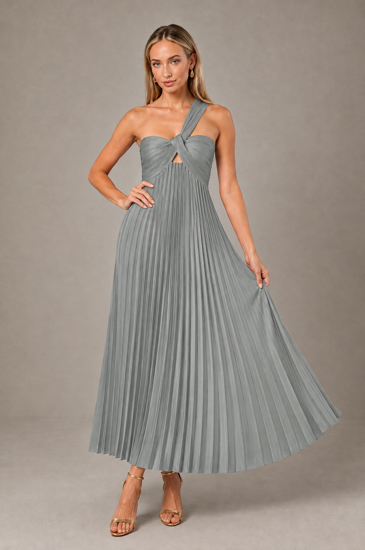 BOLODOO Grey One-Shoulder Twist Knot Pleated Satin Midi Dress with Cutout - Grey - Grey_4