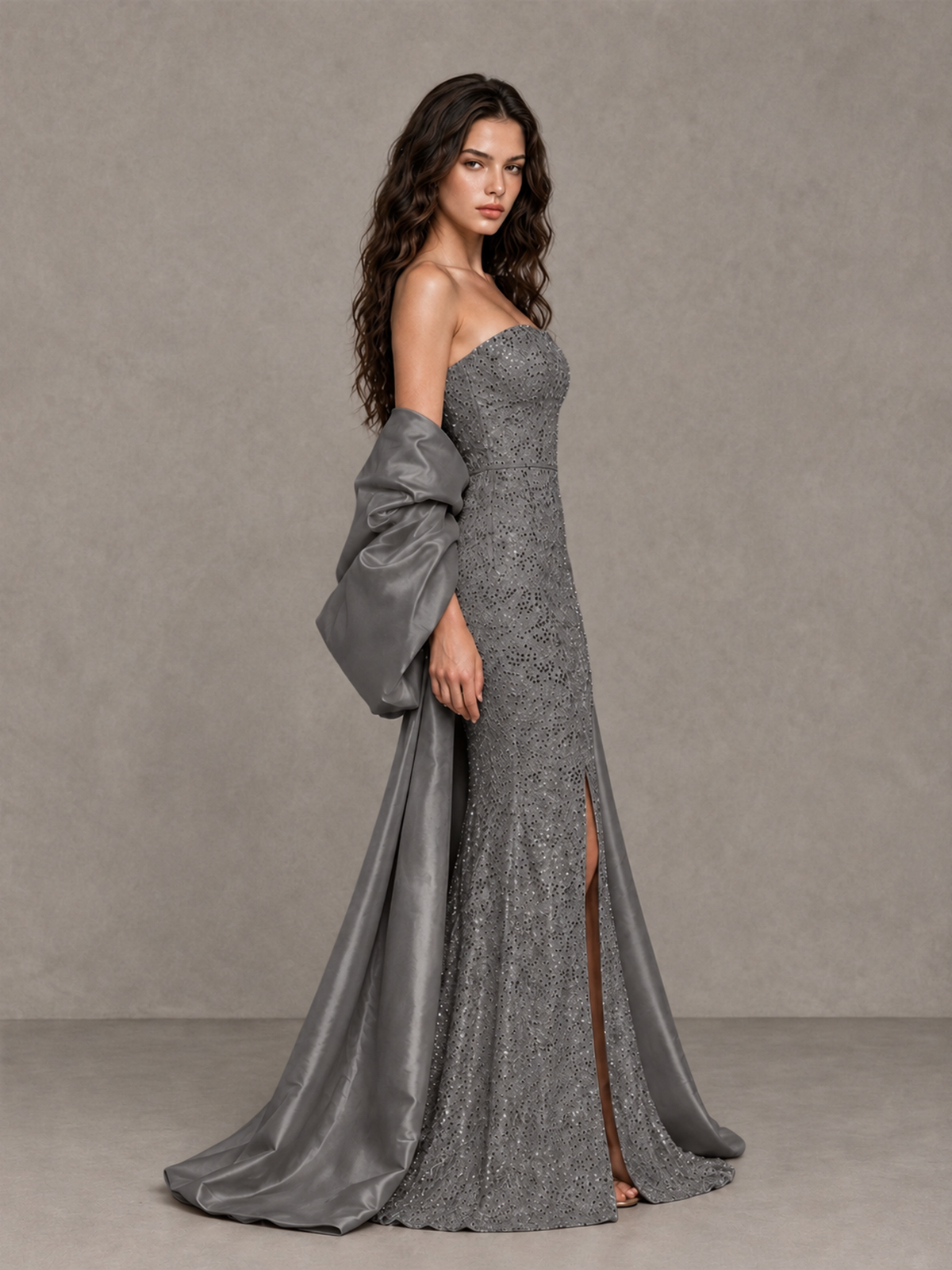 BOLODOO Grey Strapless Sparkle Mermaid Prom Dress with Front Slit and Draped Sleeves - Grey - Grey_4