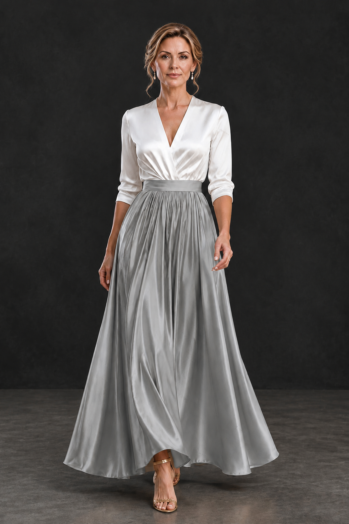 BOLODOO Grey and White V-Neck A-Line Mother of the Bride Dress - Grey - Grey_4