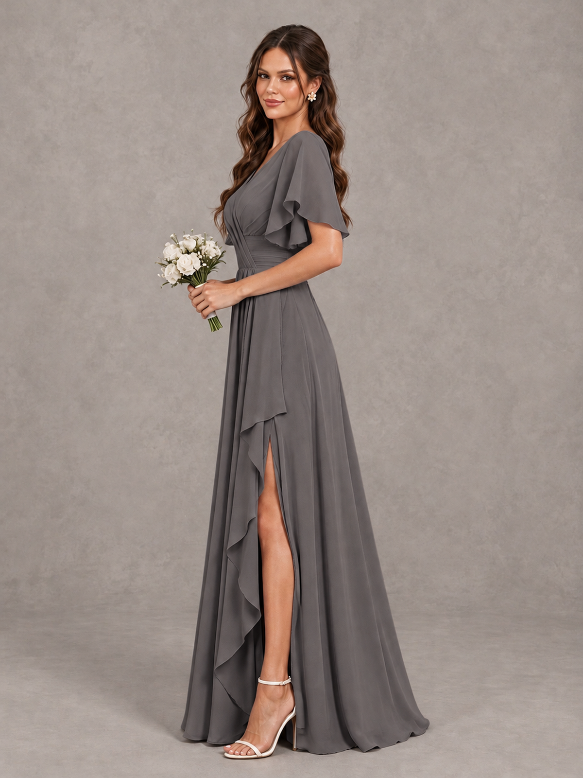 BOLODOO Grey Flutter Sleeve V-Neck Bridesmaid Dress with Ruffle Slit - Grey - Grey_4