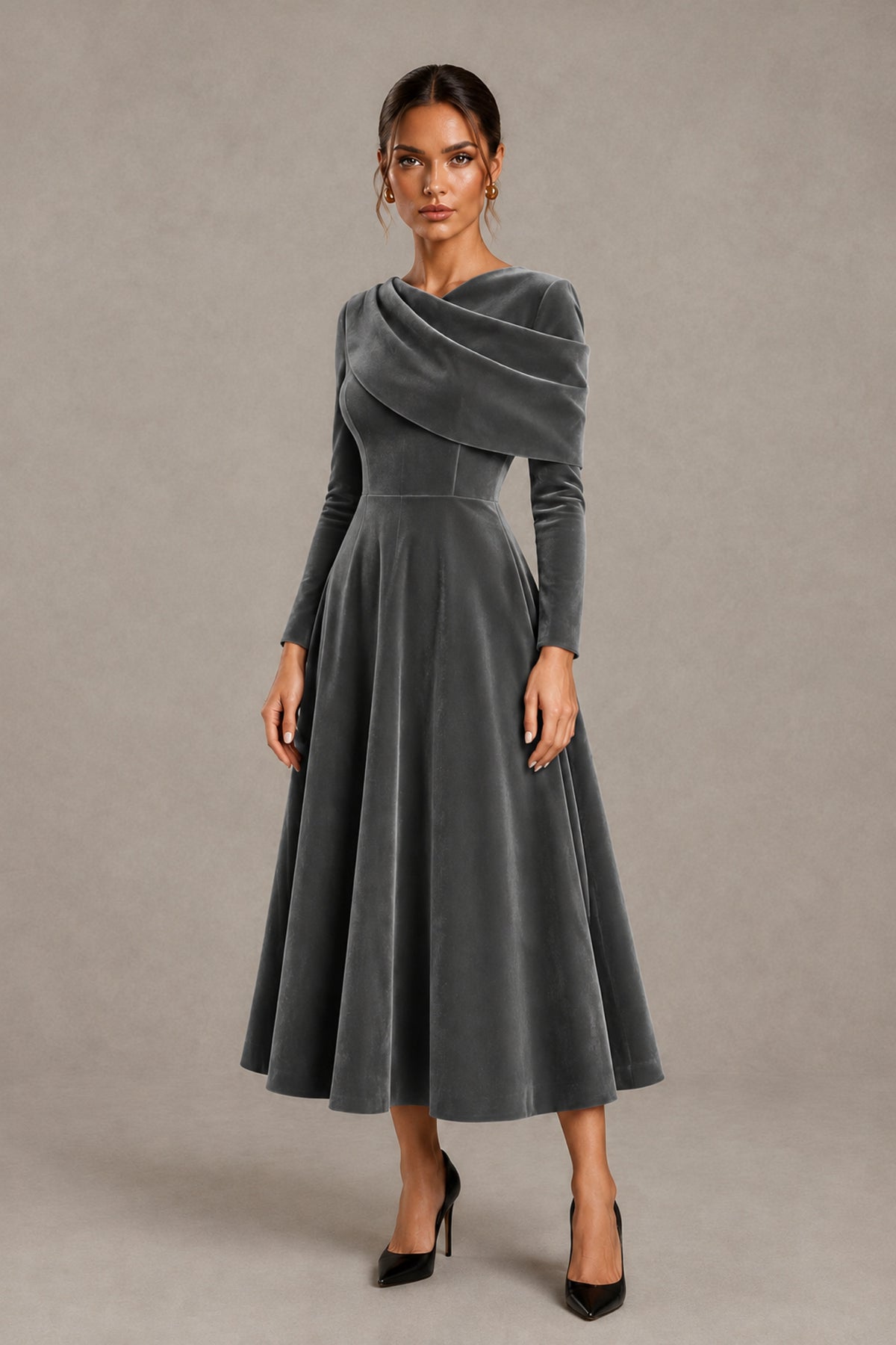BOLODOO Grey Velvet-Look Long Sleeve Tea-Length A-Line Dress with Draped Neckline - Grey - Grey_4