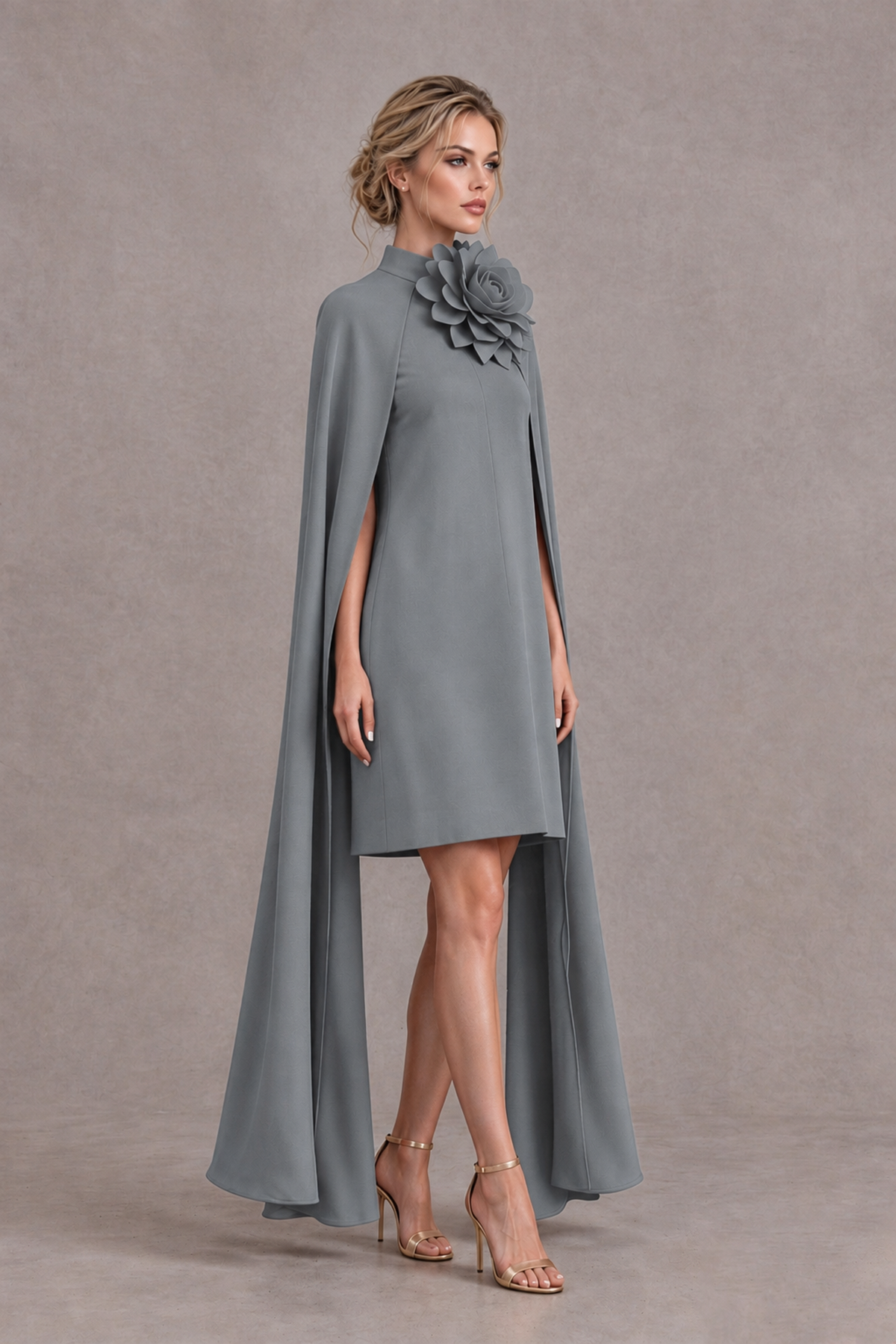 BOLODOO Grey High Neck Floral Cape Mini Cocktail Dress - Grey - Grey_4