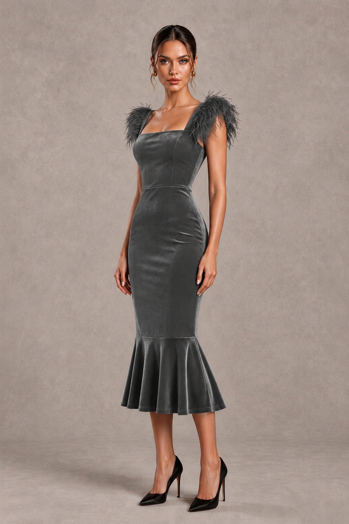 BOLODOO Grey Feather-Trim Velvet-Look Mermaid Midi Dress - Grey - Grey_4