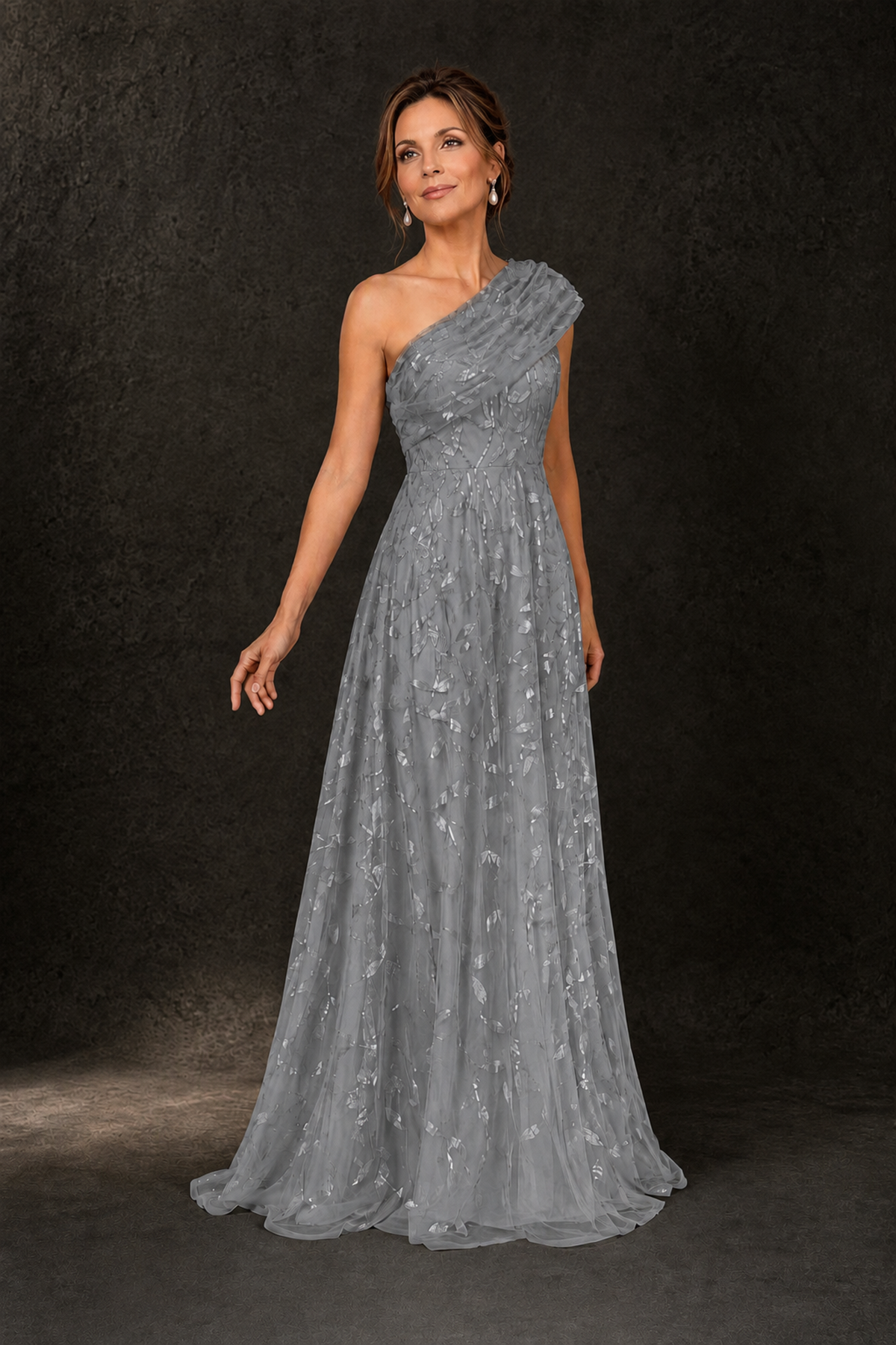 BOLODOO Grey Leaf Sequin One-Shoulder A-Line Maxi Gown – Mother of the Bride & Formal Evening Dress - Grey - Grey_4