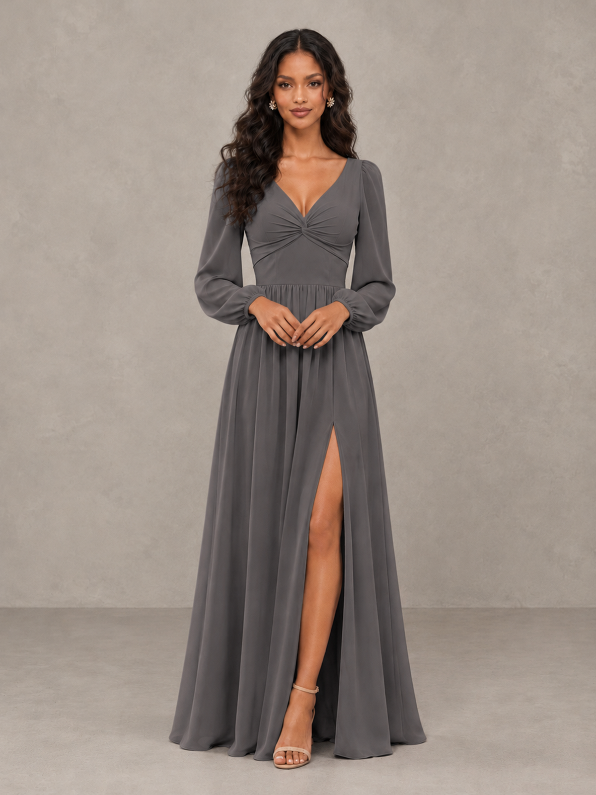 BOLODOO Grey V-Neck Long Sleeve Bridesmaid Dress with Tie Back and Slit - Grey - Grey_5