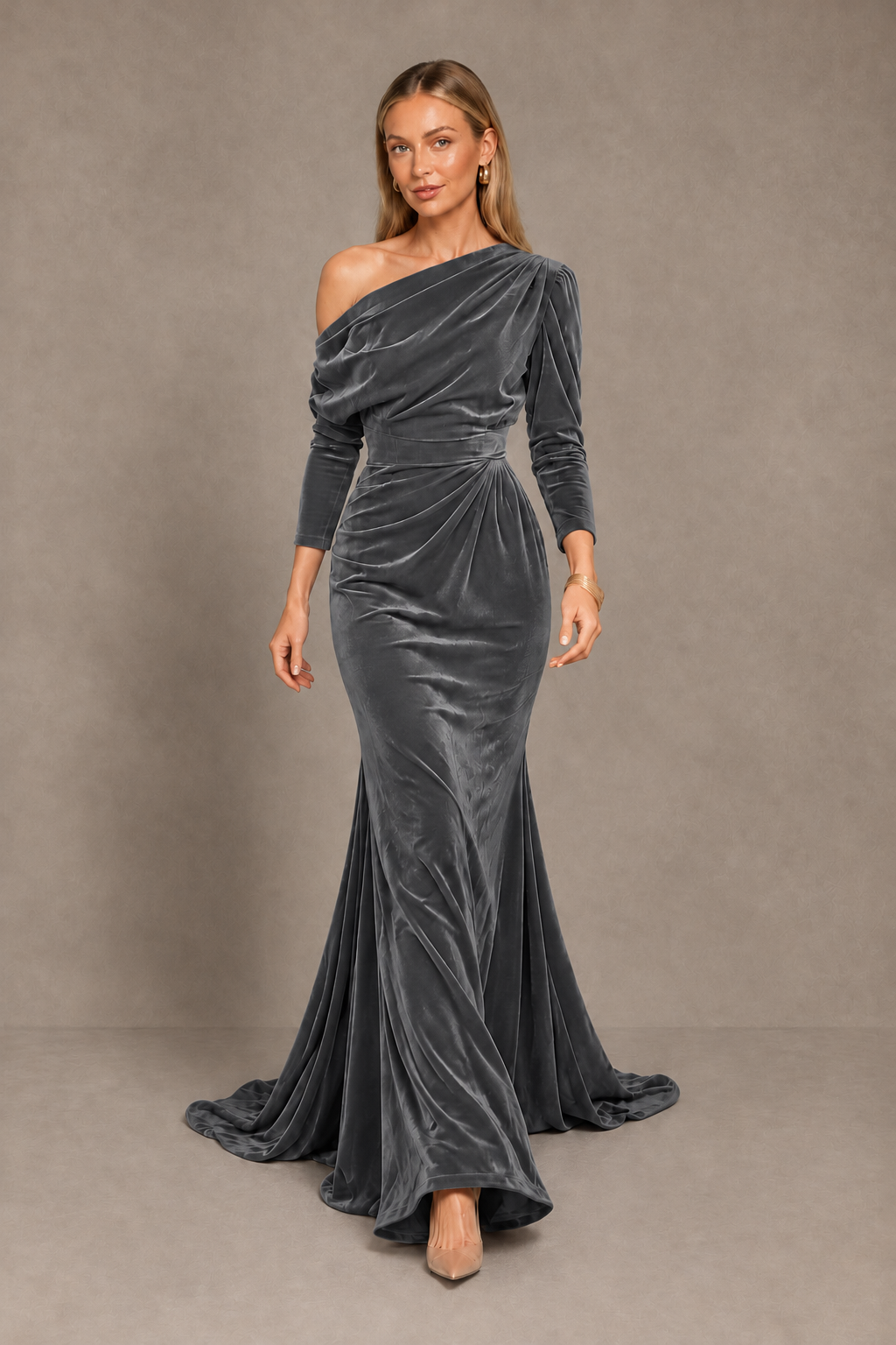 BOLODOO Grey Velvet Asymmetric Neck Mermaid Evening Dress - Grey - Grey_5