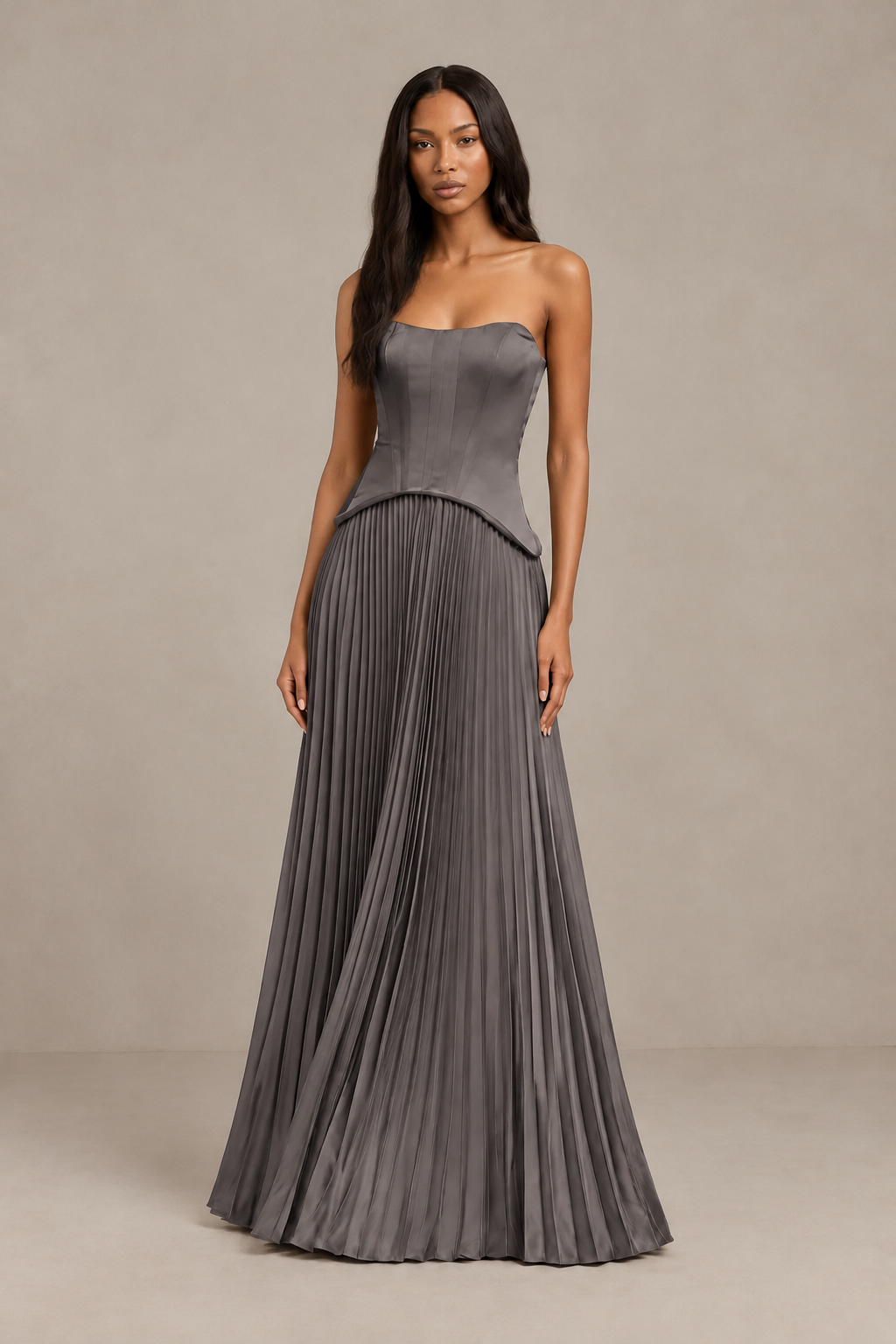 BOLODOO Grey Strapless Pleated Satin Evening Prom Dress - Grey