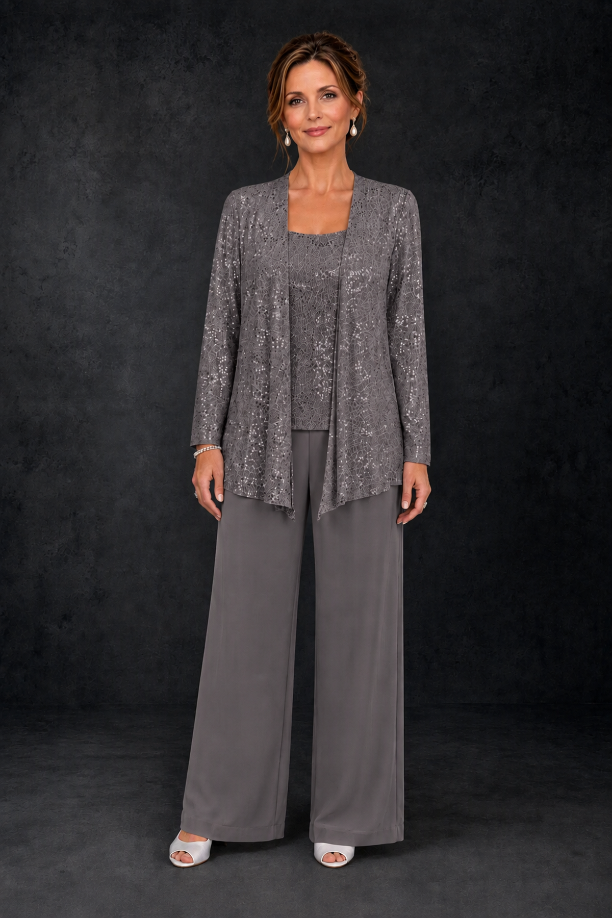 BOLODOO Grey Sequin Lace 3-Piece Pant Suit with Long Sleeve Jacket - Grey - Grey (1)
