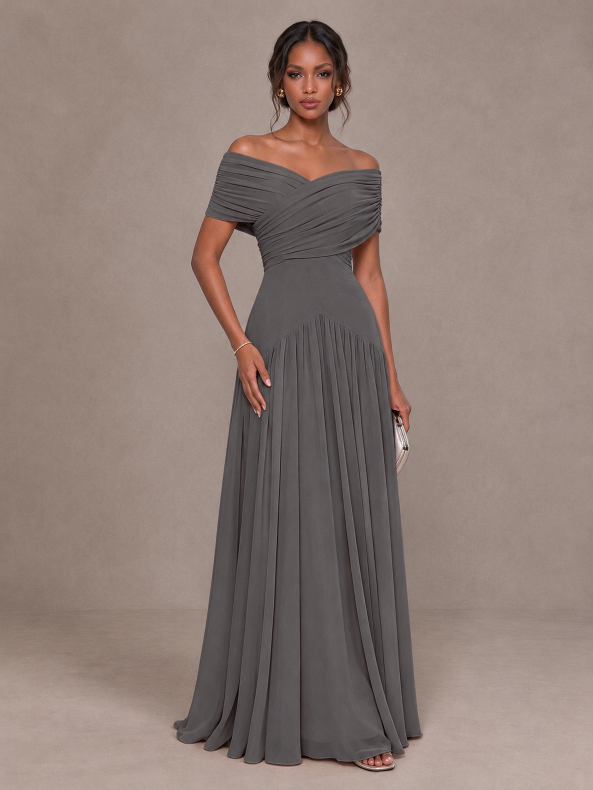 BOLODOO Grey Off-Shoulder Ruched A-Line Bridesmaid Dress - Grey - Grey (1)