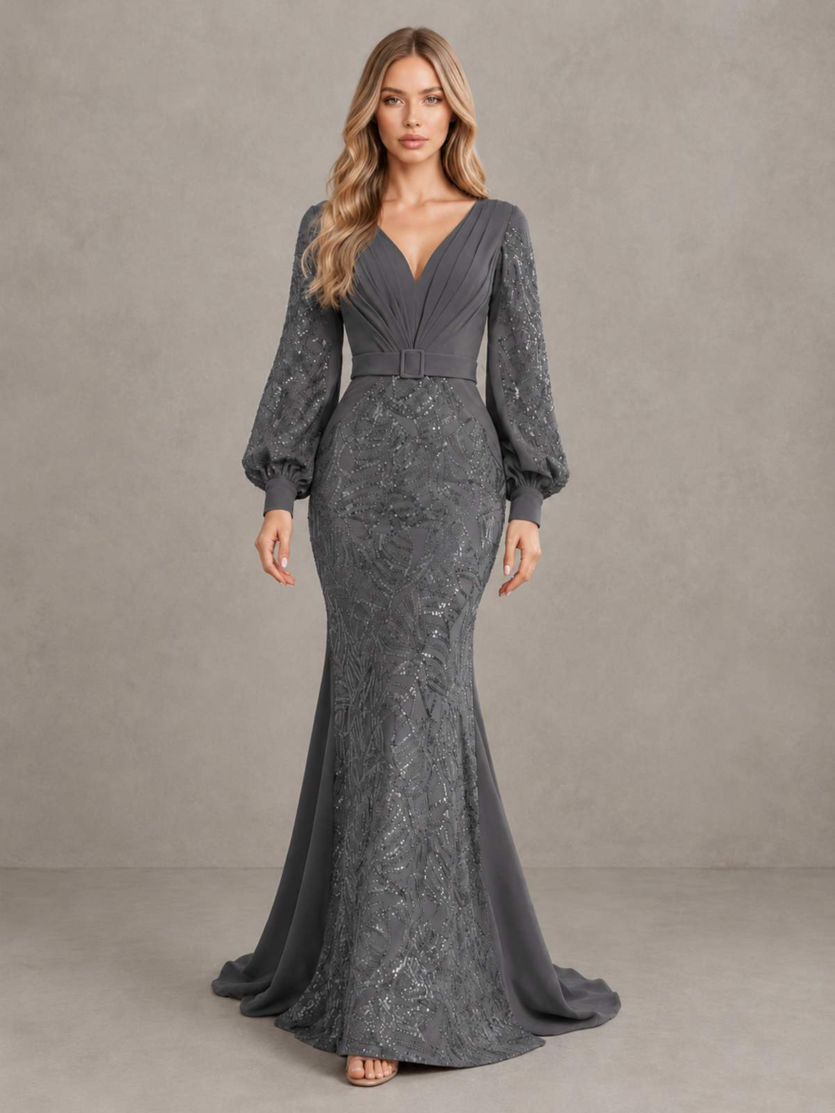 BOLODOO Grey Sequin Long Bishop Sleeve Mermaid Evening Dress - Grey - Grey (1)