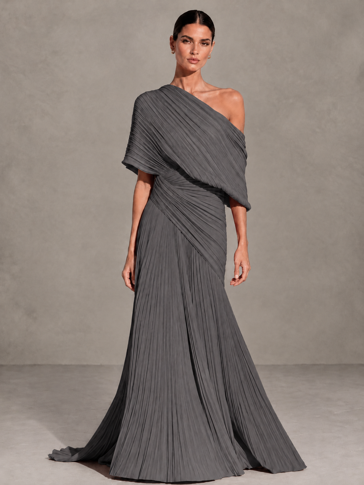 BOLODOO Grey One-Shoulder Pleated Cape Evening Gown with Train - Grey - Grey (1)