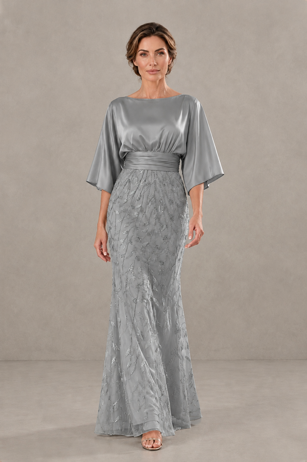BOLODOO Grey Mother of the Bride Dress with Kimono Sleeves, Satin Bodice & Sequin Embroidered Mermaid Floor-Length Gown - Grey - Grey (1)