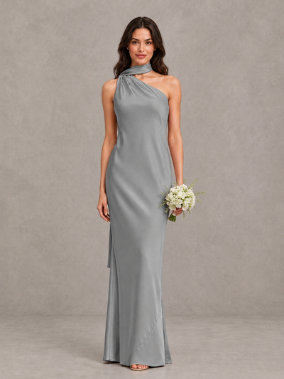 BOLODOO Grey Satin One-Shoulder Bridesmaid Dress with Open Back - Grey - Grey (1)