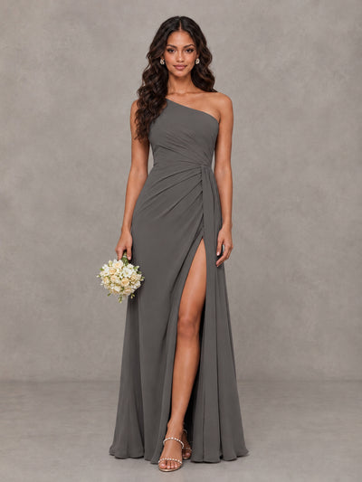 BOLODOO Grey One-Shoulder Chiffon Bridesmaid Dress with Ruched Bodice & High Slit - Grey - Grey (1)