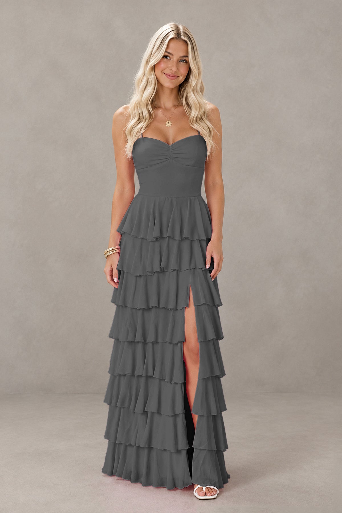 BOLODOO Grey Strapless Tiered Ruffle Maxi Dress with Slit & Lace-Up Back - Grey