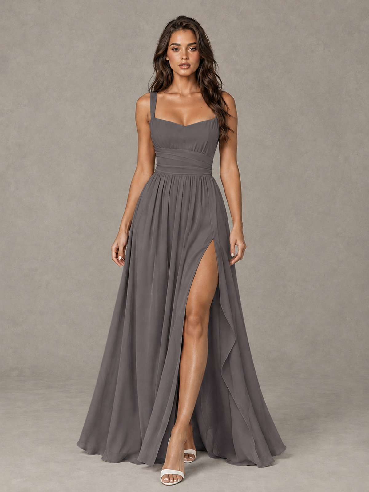 BOLODOO Grey A-Line Bridesmaid Dress with High Slit & Lace-Up Back - Grey - Grey (1)