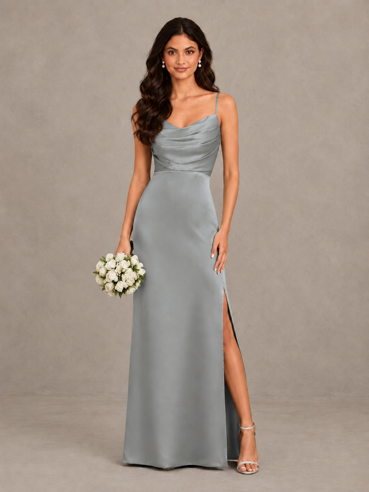 BOLODOO Grey Cowl Neck Satin Bridesmaid Dress with Slit - Grey - Grey (1)