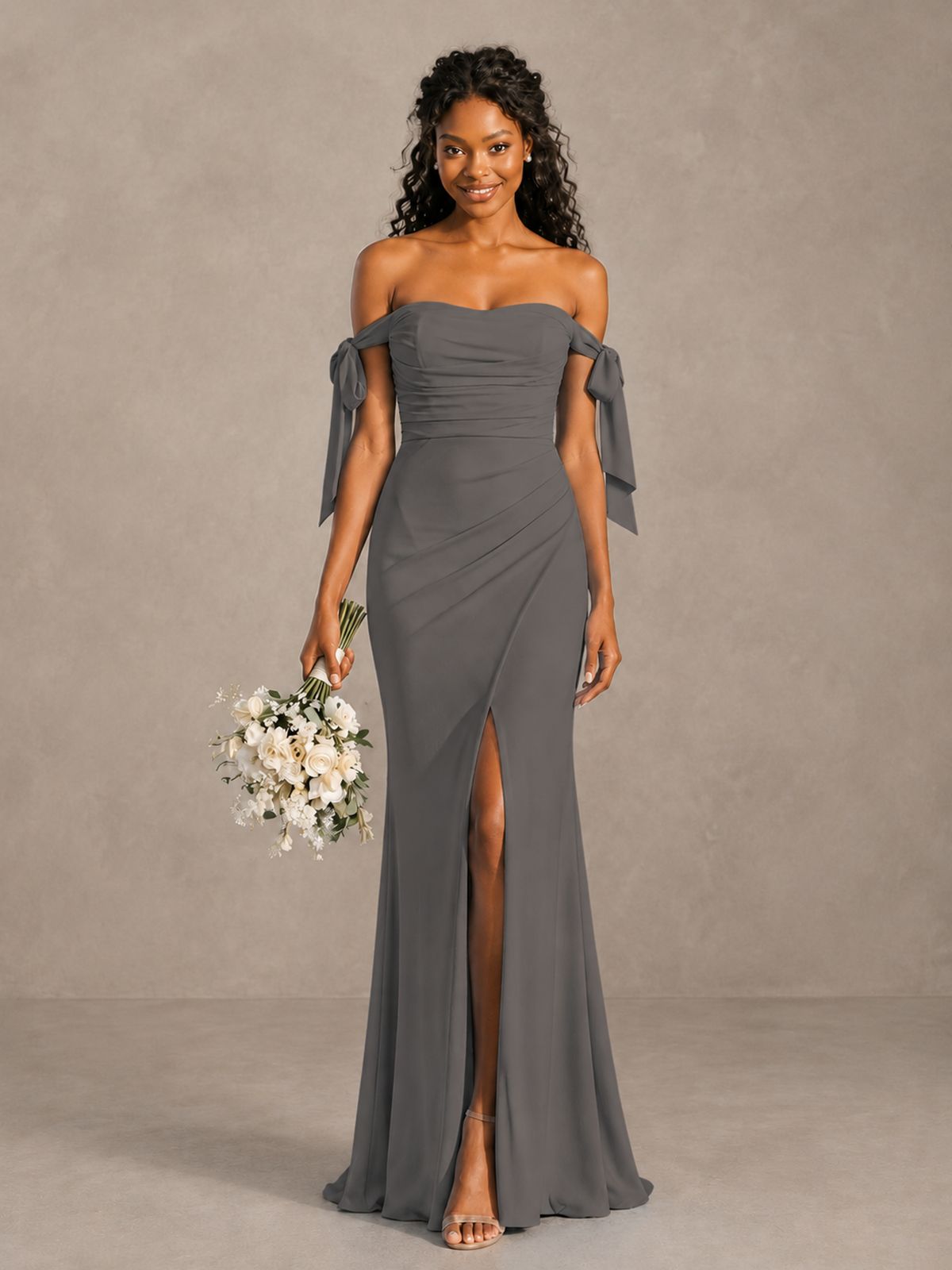 Grey Off-Shoulder Bow Bridesmaid Dress with Slit - Grey - Grey (1)