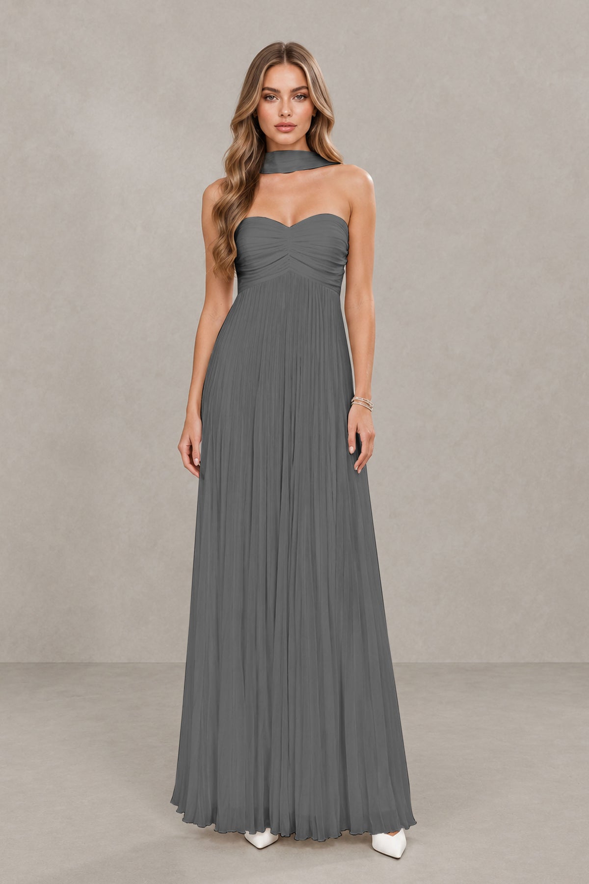 BOLODOO Grey Strapless Chiffon-Look Maxi Dress with Lace-Up Back & Cape - Grey