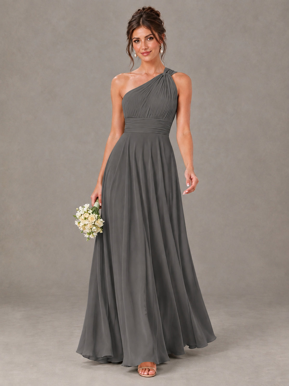 BOLODOO Grey One-Shoulder Chiffon-Look Bridesmaid Dress - Grey - Grey (1)