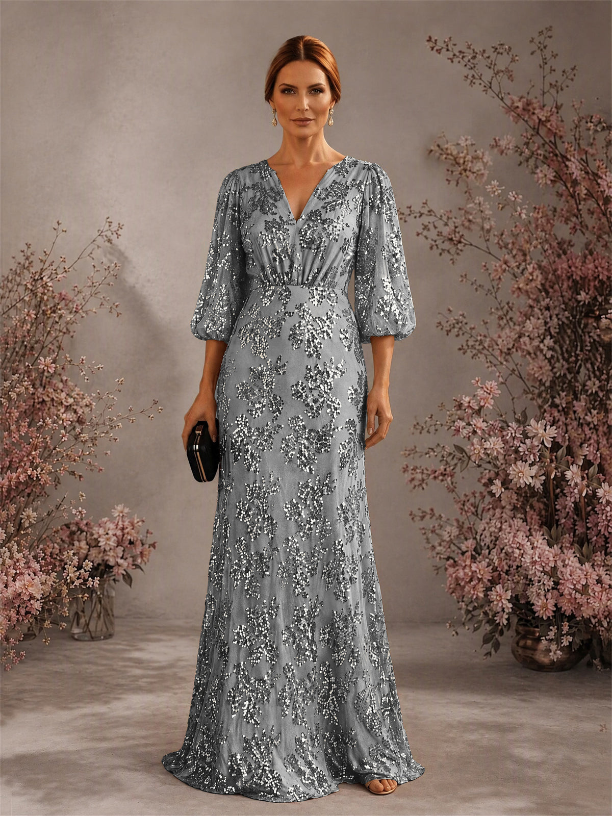 BOLODOO Grey V-Neck Lantern Sleeve All-Over Sequin Floral Embroidered Mermaid Gown - Grey