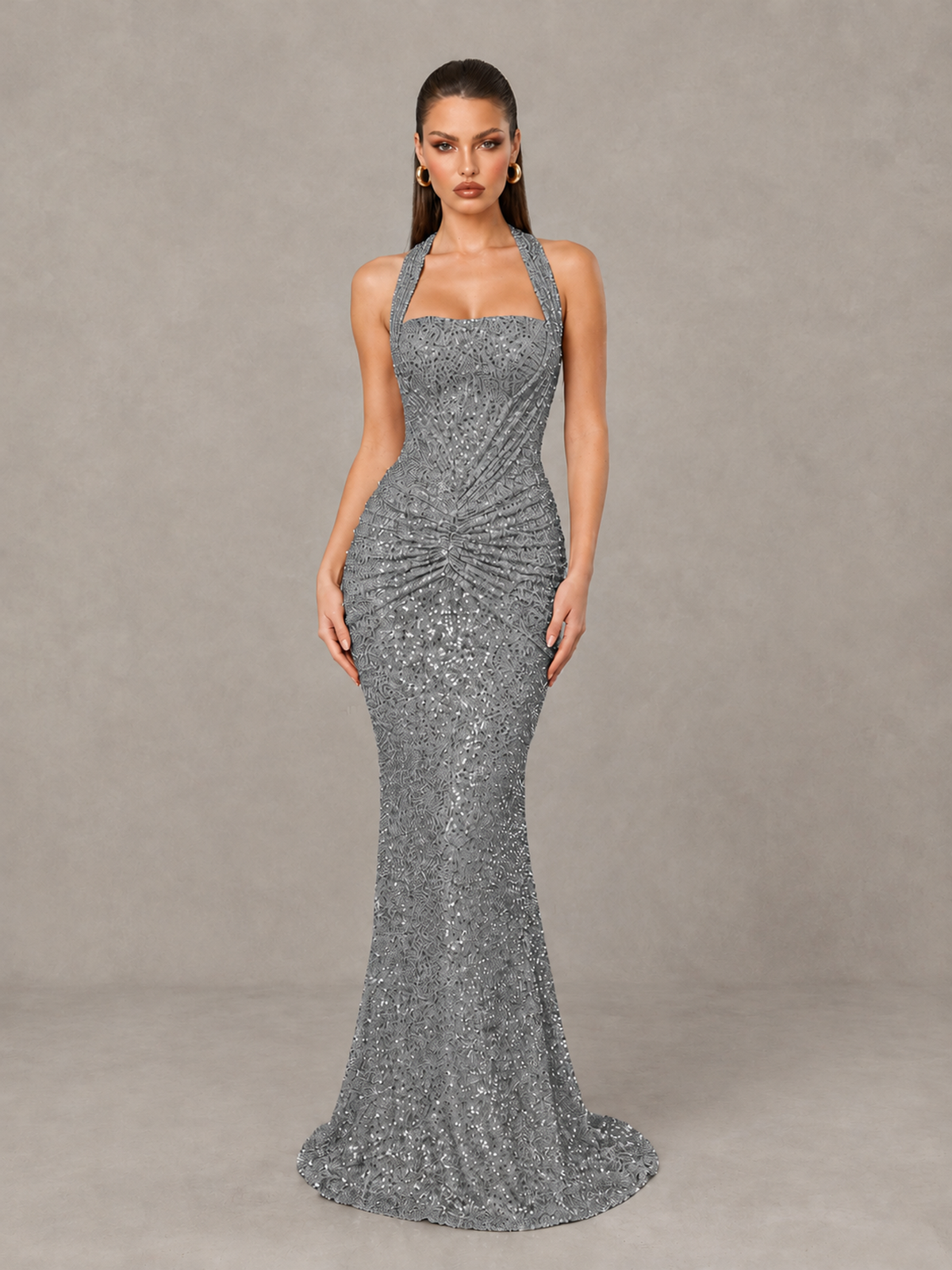 BOLODOO Grey Sequin Halter Mermaid Evening Gown - Grey - Grey (1)