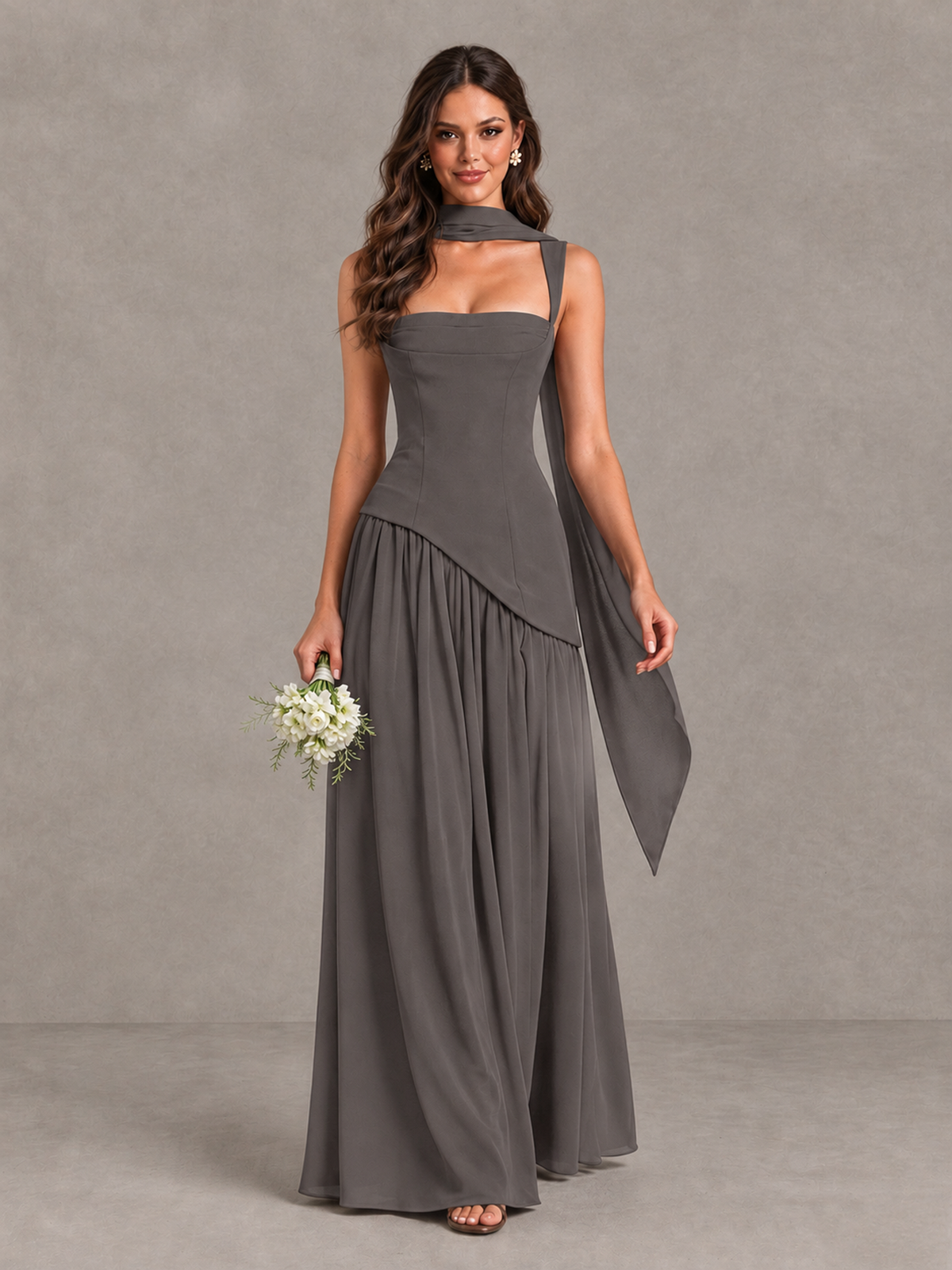 BOLODOO Grey Brown Scarf Bridesmaid Dress with Lace-Up Back - Grey - Grey (1)