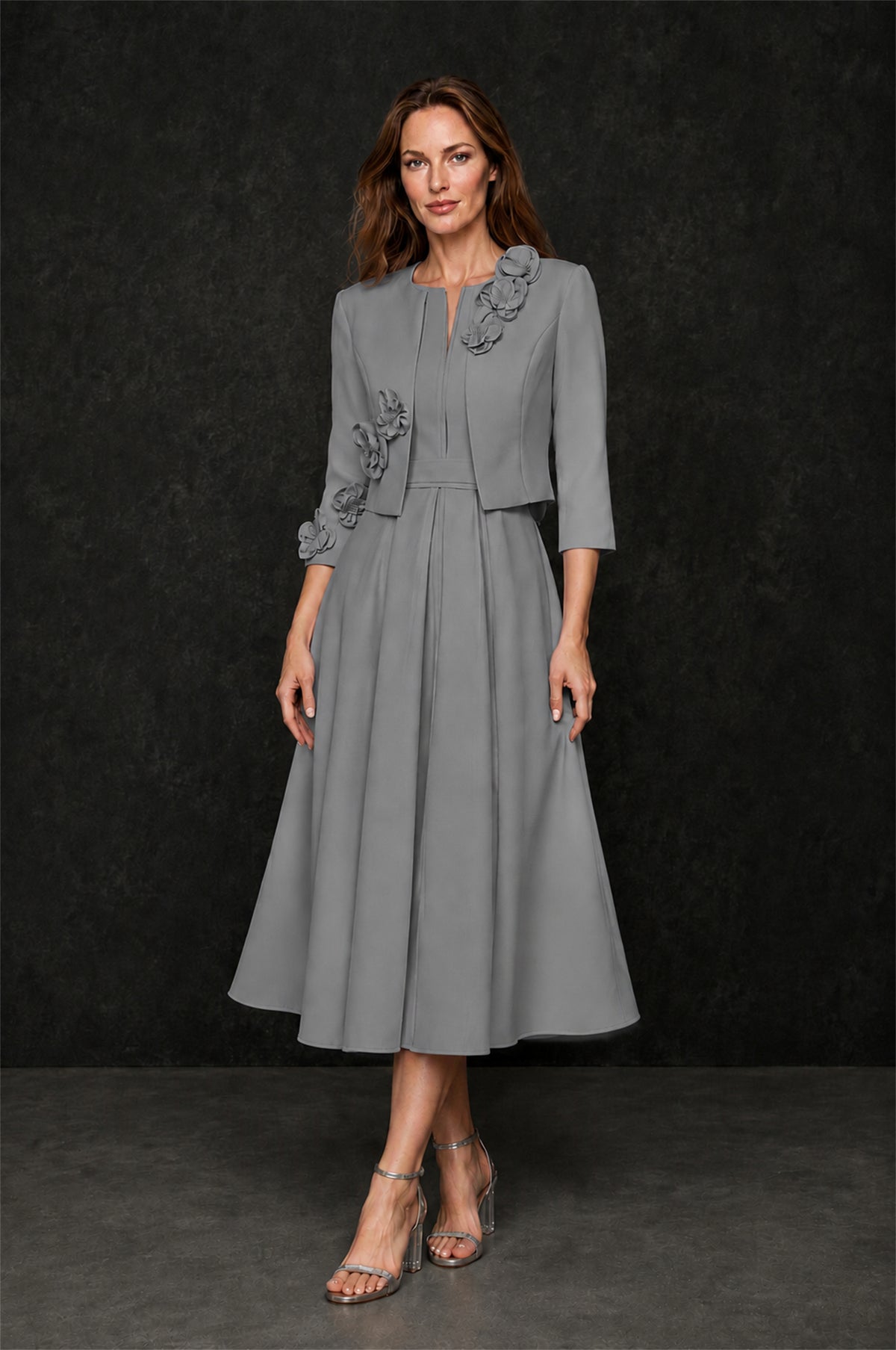 BOLODOO Grey 3D Rosette Appliqué 3/4 Sleeve Jacket & V-Notch Sleeveless A-Line Tea-Length Two-Piece Dress Set - Grey