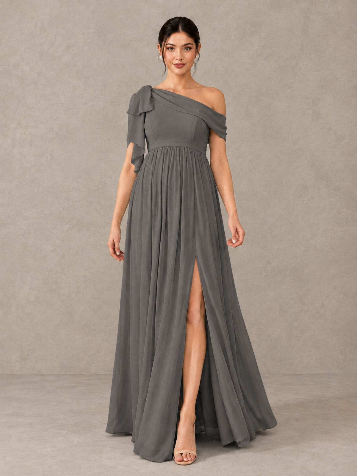BOLODOO Grey One-Shoulder Maternity Bridesmaid Dress with Slit - Grey - Grey (1)