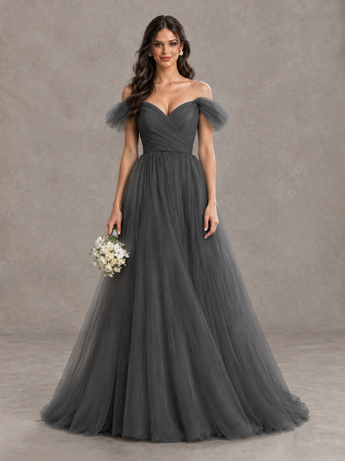 BOLODOO Grey Off-the-Shoulder Ruffle Sleeve A-Line Bridesmaid Dress - Grey - Grey (1)