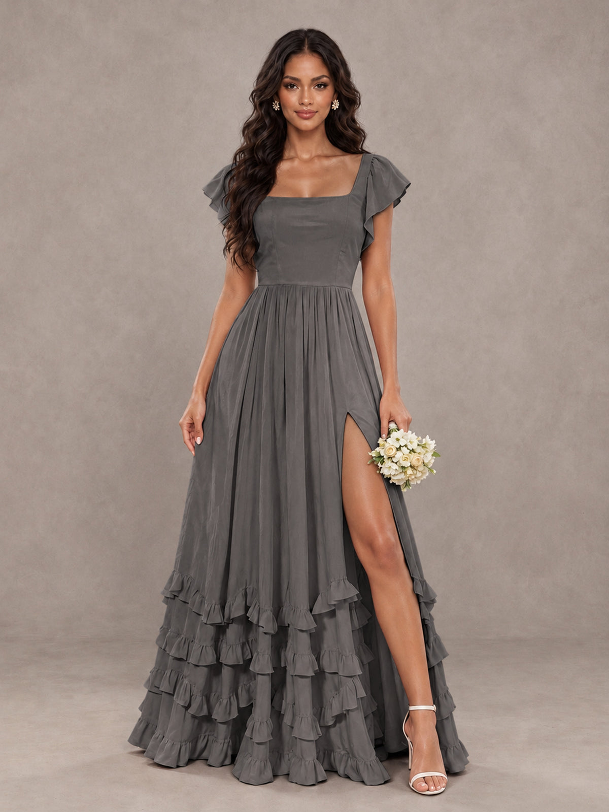 BOLODOO Grey Flutter Sleeve Ruffle Bridesmaid Dress with Slit - Grey - Grey (1)
