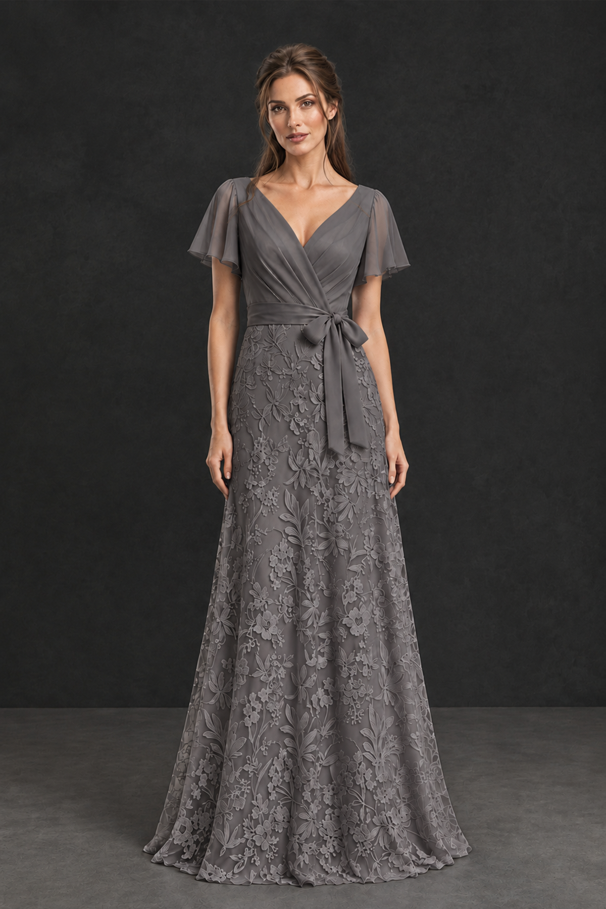BOLODOO Grey Flutter Sleeve Lace Mother of the Bride Dress - Grey