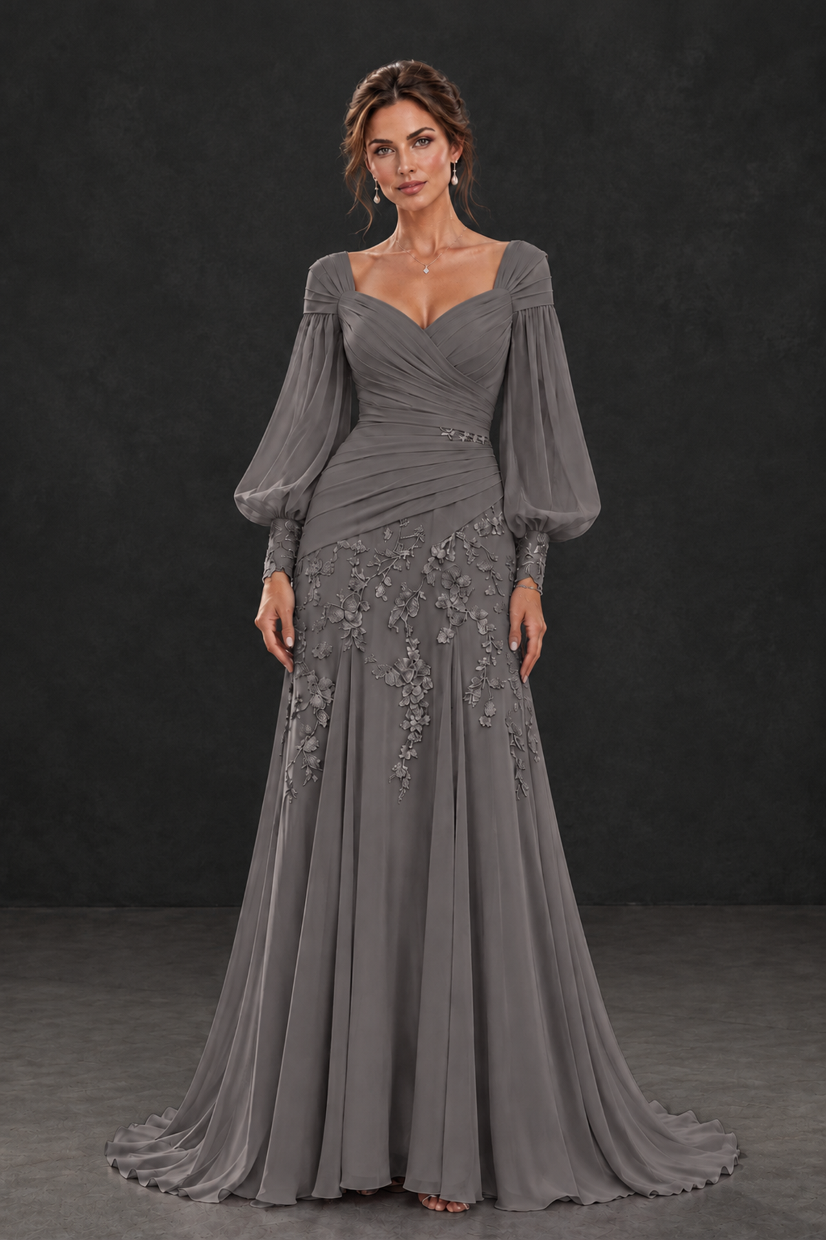 BOLODOO Grey Long Sleeve Mother of the Bride Dress with Floral Appliqués - Grey - Grey (1)