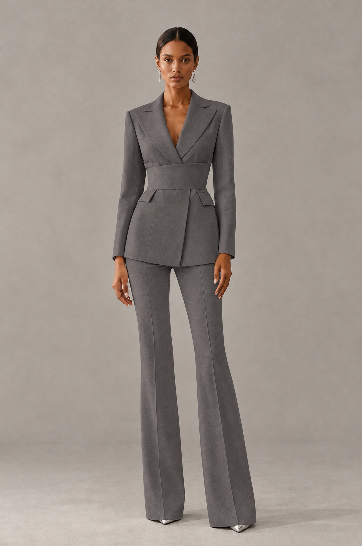 BOLODOO Grey Two-Piece Pantsuit with Tailored Blazer & Flared Pants - Grey - Grey (1)