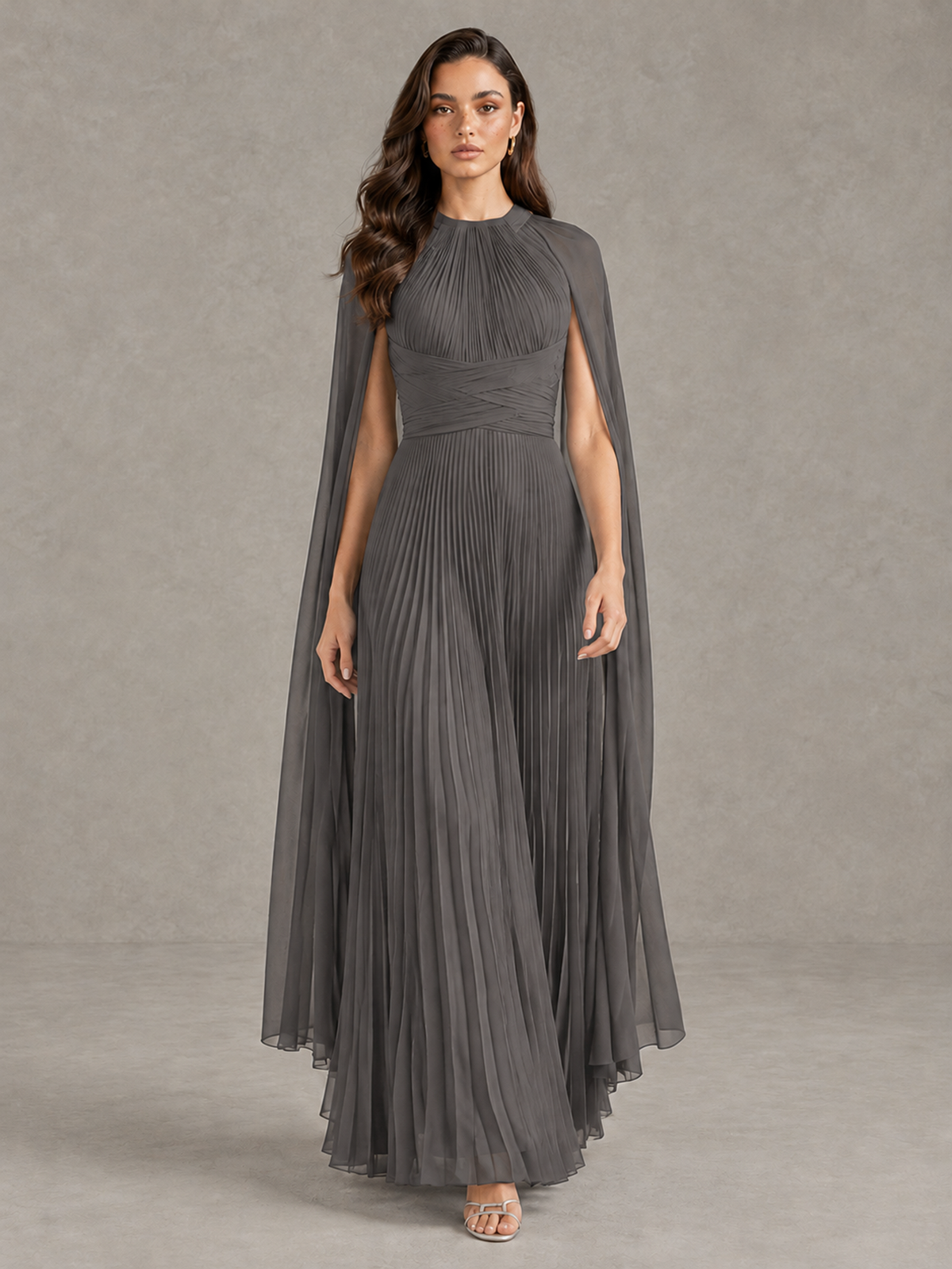 BOLODOO Grey Pleated Cape Maxi Wedding Guest Dress - Grey - Grey (1)