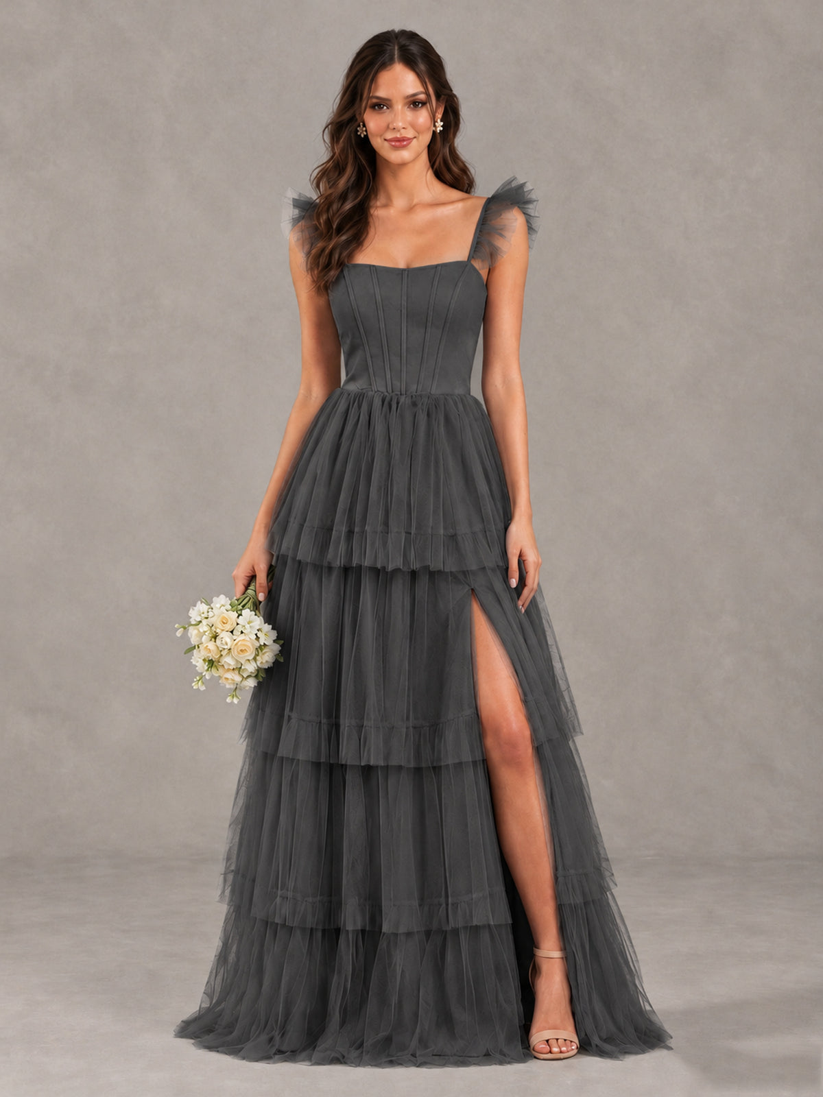 BOLODOO Grey Tiered Tulle Bridesmaid Dress with Slit - Grey - Grey (1)