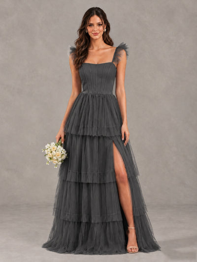 BOLODOO Grey Tiered Tulle Bridesmaid Dress with Slit - Grey - Grey (1)